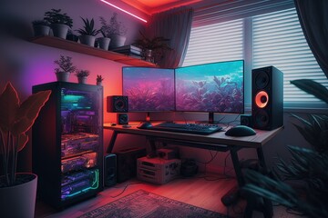 Gamer room with setup, gamer pc, gradient background. Generative AI