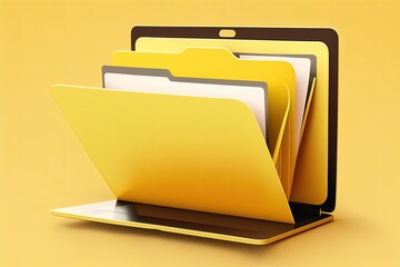 File folder on laptop screen, yellow background. Generative AI