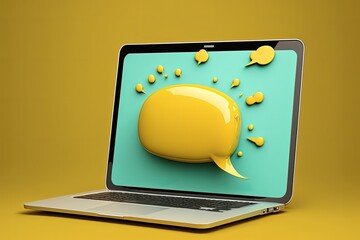 Speech bubble on laptop screen, yellow background. Generative AI