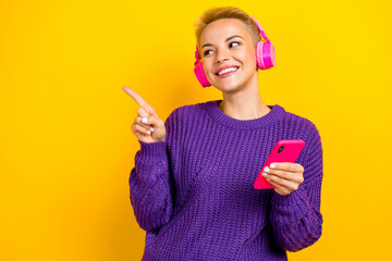 Photo of optimistic lady toothy smile look empty space recommend buy quality modern devices...