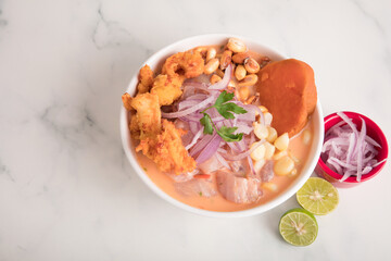 Cebiche ceviche fish Sea food ceviche Assorted food plates Peru traditional comfort food buffet table