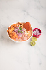 Cebiche ceviche fish Sea food ceviche Assorted food plates Peru traditional comfort food buffet table