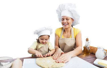 Happy loving family prepares bakery together.