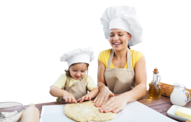 Happy loving family prepares bakery together.
