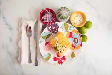 Causa de pescado Sea food ceviche Assorted food plates Peru traditional comfort food buffet table