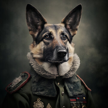 A portrait of a dog wearing historic military uniform. German Shepherd portrait in clothing.