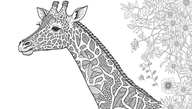 a cute coloring book for children, which is still black and white, but is waiting for colors and then it will become a wonderful colorful giraffe