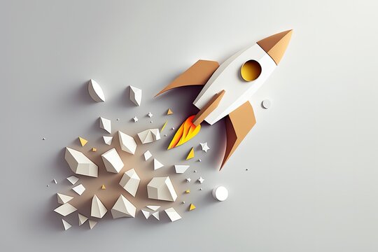 Rocket made from paper cutout, startup concept, white background. Generative AI	