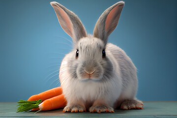 Obraz premium A fluffy blueeyed rabbit with a carrot genarative AI. Generative AI