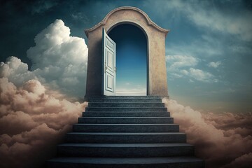Landscape with stairs and door at the top, sky and clouds in the background. Generative AI