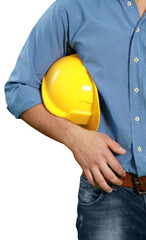 Worker man with helmet on white background