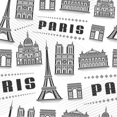 Fototapeta premium Vector Paris Seamless Pattern, square repeat background with illustration of decorative paris city scape on white background for wrapping paper, monochrome line art urban poster with black text paris