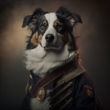 A Portrait Of A Dog Wearing Historic Military Uniform. Australian Shepherd Portrait In Clothing.