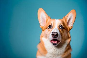 Funny Welsh Corgi Pembroke scared or astonished look on blue backdrop, copy space. Generative AI