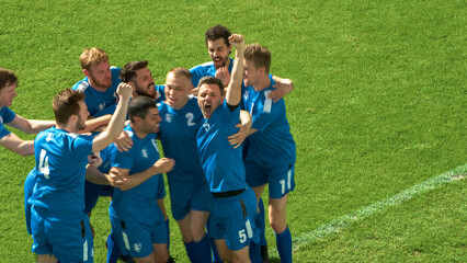 Football Championship: Players Celebrate Tournament Victory After Blue Team Forward Shots Penalty,...