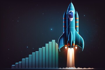 Rocket ship and bar chart illustration, blue background. Generative AI