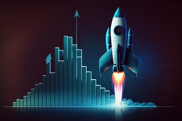 Rocket ship and bar chart illustration, blue background. Generative AI