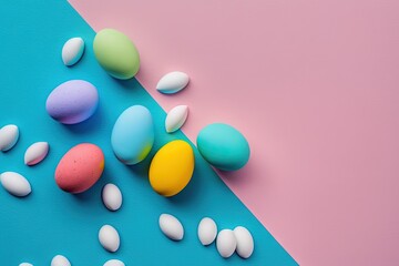  a group of eggs sitting on top of a blue and pink surface.  generative ai