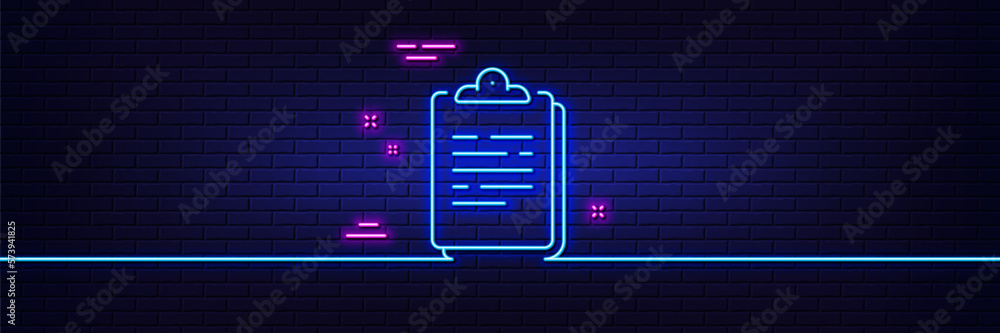 Poster neon light glow effect. clipboard document line icon. agreement file sign. survey record symbol. 3d 