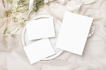 Set of blank card mockup on plate