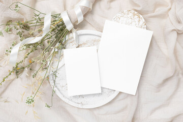 Set of blank card mockup with bouquet of will flowers 