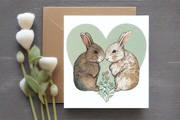 Cute bunny illustration with heart. Spring bunnies greeting card. Generative AI