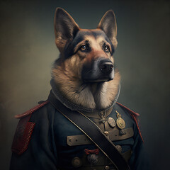 A portrait of a dog wearing historic military uniform. German Shepherd portrait in clothing.