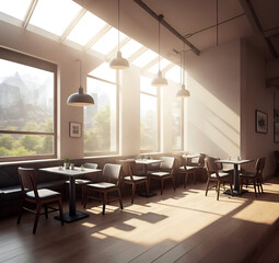 
Illustration of a fancy modern coffee shop in the morning. Equipped with luxurious furniture and decorations. Has a large window to provide a comfortable view to customers.