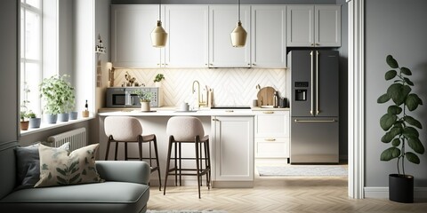 Stylish Living Area with Modern Kitchen and Clean Design. Ai generative