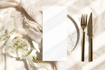4x9 menu card mockup with golden cutlery