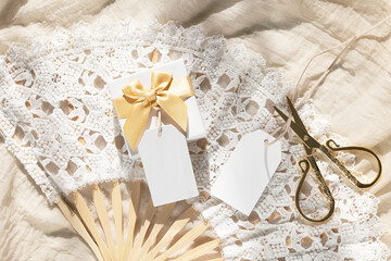 Gift cards mockup with present box and wild flowers 