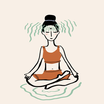 Vector illustration of lady sitting in Padmasana pose while meditating with closed eyes