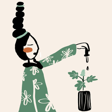 Vector illustration of woman dripping liquid fertilizer on plant
