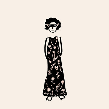 Vector illustration of elegant female in dress against beige background