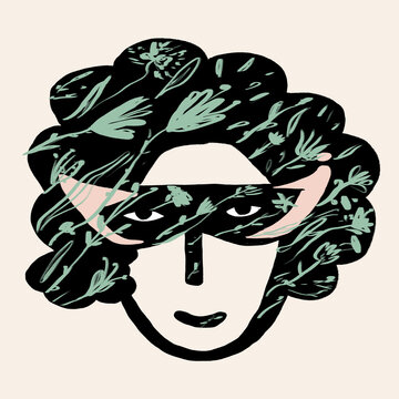 Vector illustration of woman with curly hair in mask