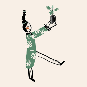 Vector illustration of woman carrying potted plant