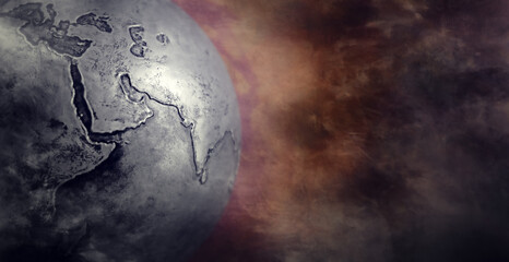 Iron globe of the world with a zoomed-in detail of Central Asia and India, set against a dark abstract background.