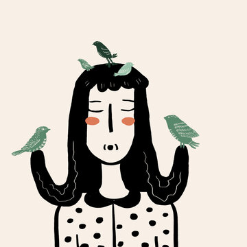 Vector illustration of woman with birds on head