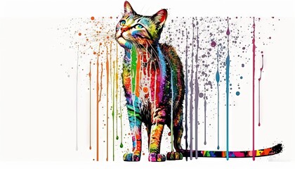  a colorful cat is standing in front of a white background.  generative ai