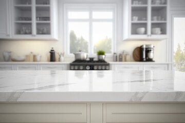 Naklejka na ściany i meble Empty Marble Countertop Backdrop with White Kitchen Background (Created with Generative AI)