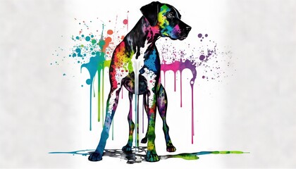  a dog is standing in front of a white background with paint splatters.  generative ai