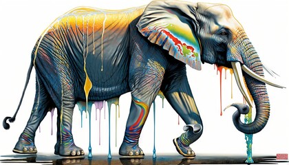  an elephant with colorful paint splattered all over it's body.  generative ai