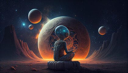An alien sitting on foreign planet in front of the solar system. Science fiction universe exploration, Generative AI illustration - obrazy, fototapety, plakaty