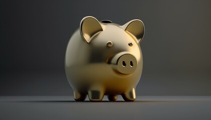  a gold piggy bank sitting on a table next to a gray background.  generative ai