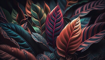 Background of plant leaves and tropical flower design for wallpaper. Generative Ai.