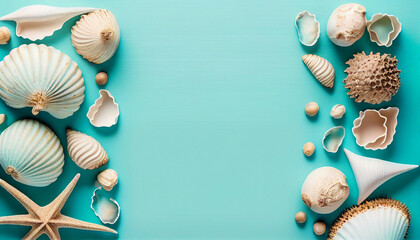 Top view on pastel green mint background with seashells. Minimalist holiday composition. Free copy space. Graphic design illustration. Generative AI.