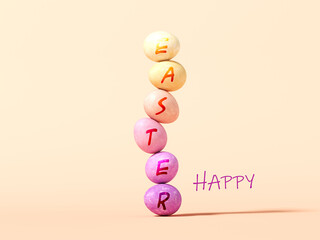 Flying multicolor Easter eggs with happy easter lettering on yellow  background, holiday decoration. 3d render