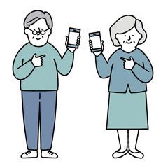 スマホを操作する男性と女性のシニアのイラストセット素材　おじいちゃん　おばあちゃん　ブルー