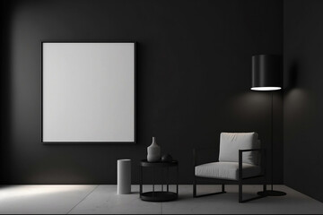 Illustration of a room in a minimalist style in white and black colors. A mockup frame hangs on the wall to display advertising or art, graphics. Poster with Copy space. Natural light. Generative AI.
