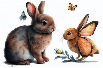 Fototapeta premium Rabbit and butterfly. baby bunny on isolated white background. Watercolor hand drawn illustration. Set of cute animals. Generative AI